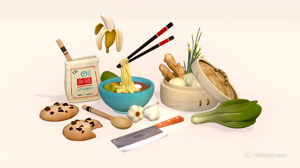 Assorted Asian Food Ingredients and Tools Including Noodles Banana Cookies Vegetables and Steamed Buns 3d model 