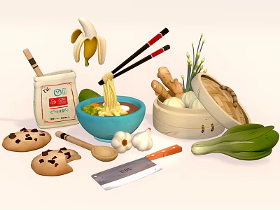 Assorted Asian Food Ingredients and Tools Including Noodles Banana Cookies Vegetables and Steamed Buns 3d model