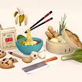 Assorted Asian Food Ingredients and Tools Including Noodles Banana Cookies Vegetables and Steamed Buns
