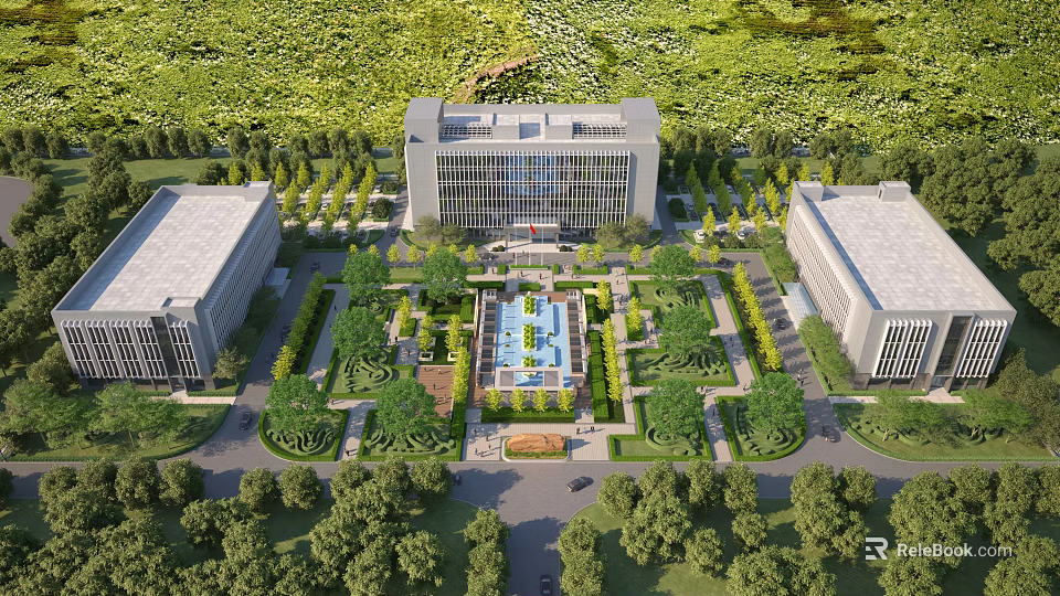 Aerial View Planning of Modern Building Complex With Central Fountain and Landscaped Gardens 3d model 