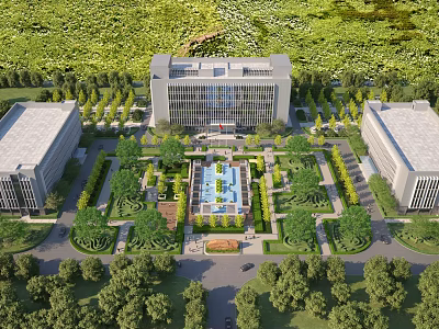 Aerial View Planning of Modern Building Complex With Central Fountain and Landscaped Gardens 3d model