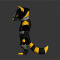 Cartoon Style 3D Animal Character Model With Black Yellow Body Red Eyes Standing Reflective Base