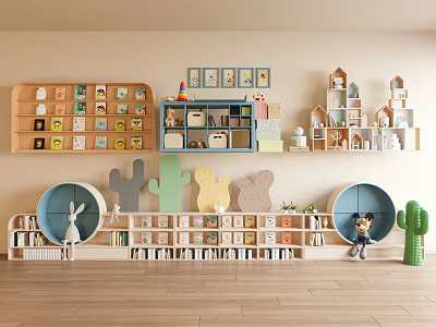 Colorful Decorative Shelves for Kids Room with Rabbit Decor Cactus Shapes and Toys 3d model