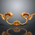Ornamental Golden Sculpture Carving Featuring Symmetrical Curved Patterns Intricate Design and Shiny Surface