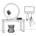 Modern Dressing Table With Circular Gold Frame Mirror White Countertop Vase And Stool 3d model