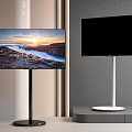 Two TVs with Black and White Stands One Displaying Scenic View and One Black Screen