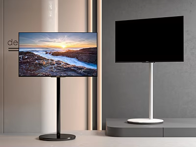 Two TVs with Black and White Stands One Displaying Scenic View and One Black Screen 3d model
