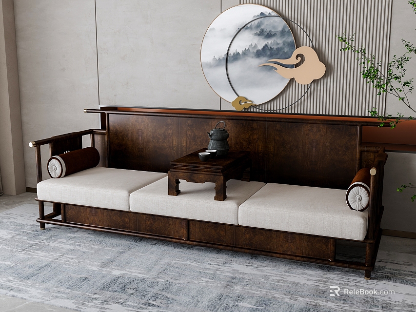 Chinese Three Seater Sofa with Wooden Frame Beige Cushions Gray Carpet and Round Landscape Art 3d model 