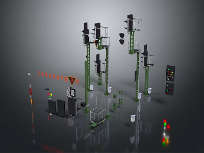 Modern Kitchen Furniture Components Featuring Green Brackets And Control Panels 3d model