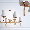 Contemporary Luxury Chandelier With Golden Metal Frame White Lampshades And Crystal Pendants