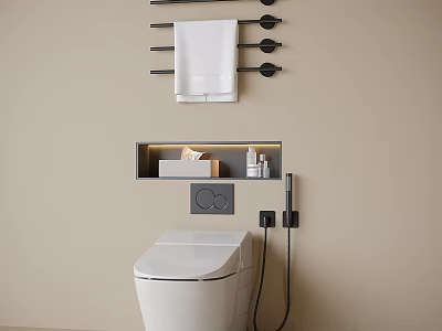 Modern Smart Toilet In Bathroom Interior With Wall Mounted Shelf And Towel Rack 3d model