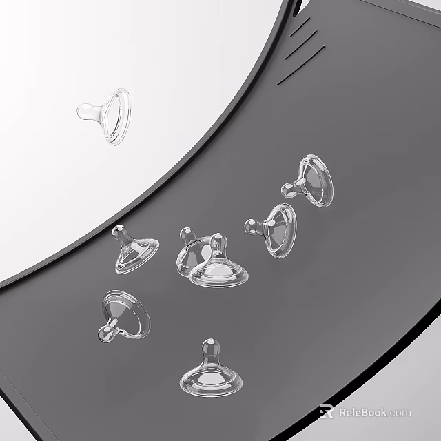 Transparent Baby Pacifiers Scattered on Modern Curved Black White Surface Background 3d model 