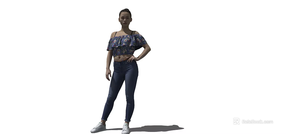 Woman in Off Shoulder Floral Crop Top Skinny Jeans and White Sneakers Posing 3d model 