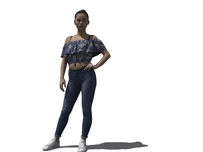 Woman in Off Shoulder Floral Crop Top Skinny Jeans and White Sneakers Posing 3d model