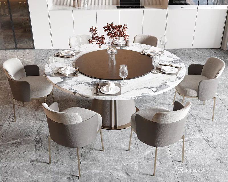 Round Marble Top Dining Table Set With Gray Chairs Tableware And Flower Arrangement 3d model 