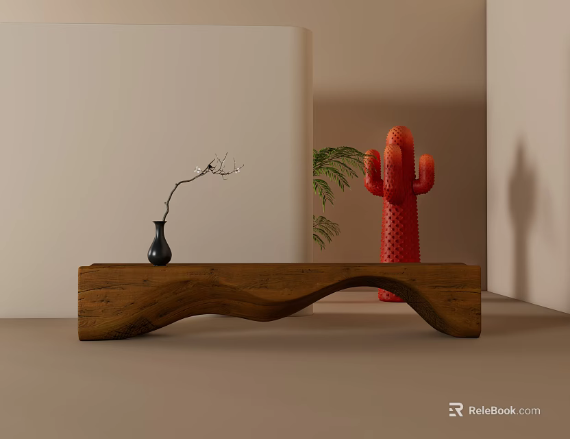 Wooden Stool in Modern Minimalist Interior with Black Vase Twig and Red Cactus 3d model 