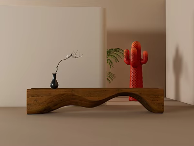 Wooden Stool in Modern Minimalist Interior with Black Vase Twig and Red Cactus 3d model