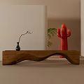 Wooden Stool in Modern Minimalist Interior with Black Vase Twig and Red Cactus