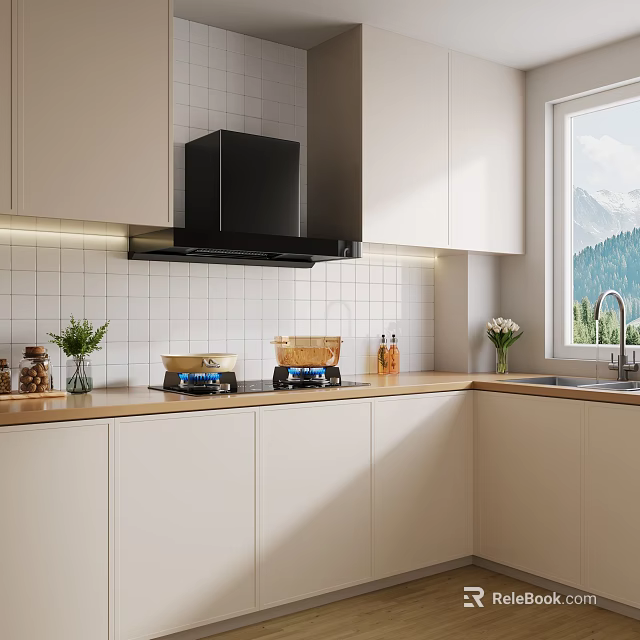 Modern Kitchen Interior Design With Light Colored Cabinets Black Range Hood Tiled Backsplash And Sink 3d model 