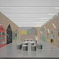 Bright Kindergarten Library With Wooden Walls Colorful House Shaped Bookshelves White Table And Gray Stools