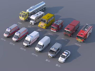 Various Emergency and Commercial Vehicles Including Ambulance Fire Truck and Police Car 3d model