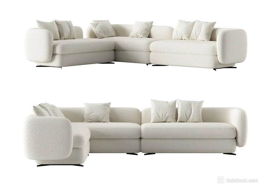 Modern Cream Colored Sectional Sofa With Plush Cushions And Rounded Arms 3d model 