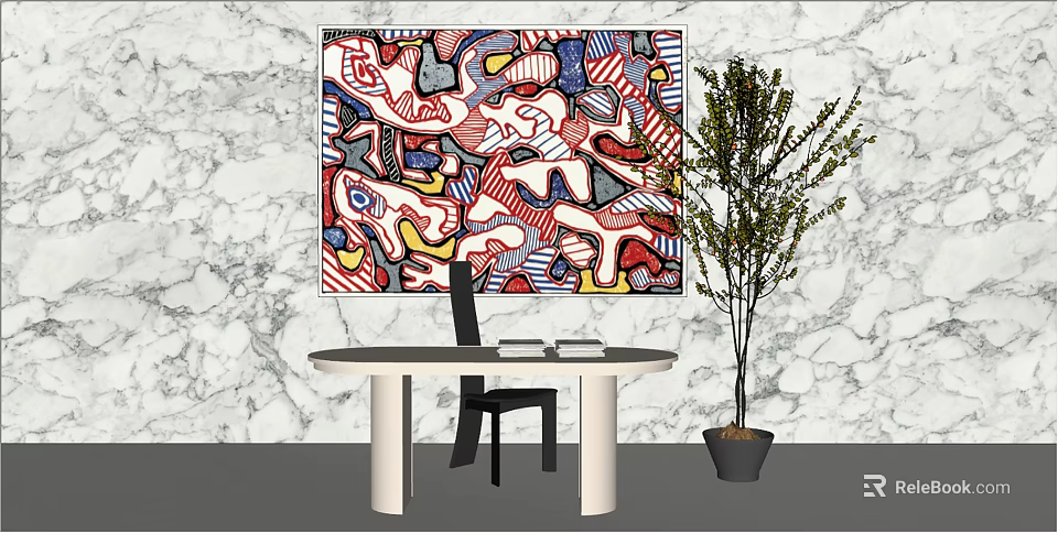 Modern White Desk Interior With Round Table Black Chair Colorful Abstract Painting And Green Plant 3d model 