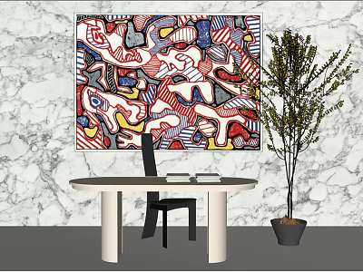 Modern White Desk Interior With Round Table Black Chair Colorful Abstract Painting And Green Plant 3d model