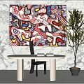 Modern White Desk Interior With Round Table Black Chair Colorful Abstract Painting And Green Plant