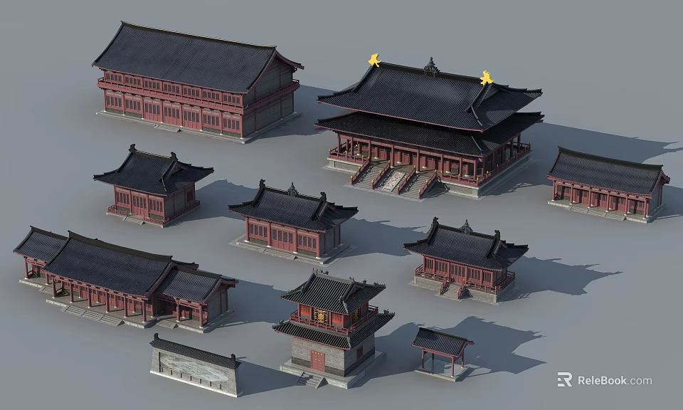 Traditional Chinese Ancient Architecture Models With Various Roof Styles And Red Columns 3d model 