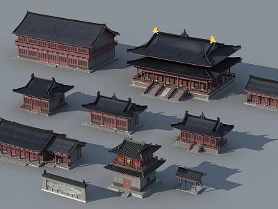 Traditional Chinese Ancient Architecture Models With Various Roof Styles And Red Columns 3d model