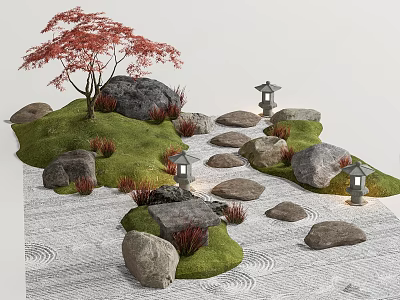 Zen Garden Ornamental Design With Red Maple Tree Rocks Stone Lanterns And Raked Sand 3d model