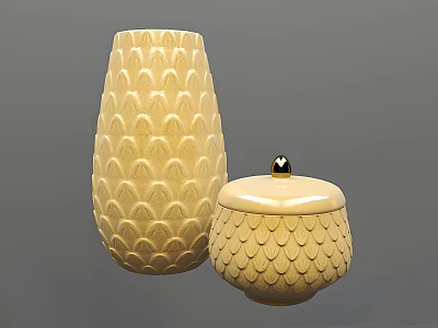 Yellow Ceramic Vase And Lidded Jar With Fish Scale Pattern Design 3d model