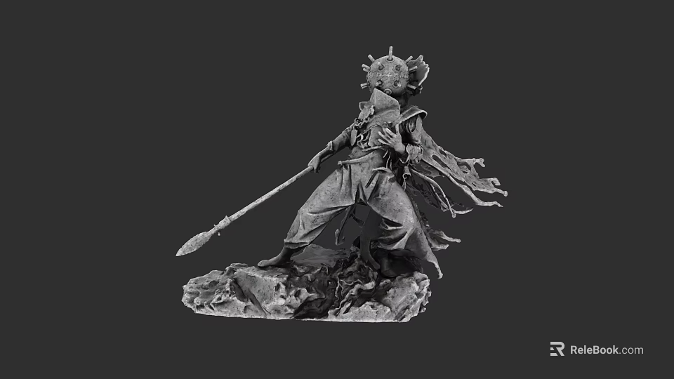 Game Movie Character with Ornate Helmet Spear and Flowing Cloak on Rock Base 3d model 