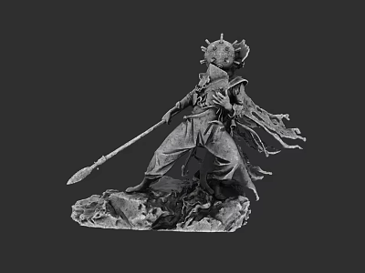 Game Movie Character with Ornate Helmet Spear and Flowing Cloak on Rock Base 3d model