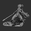 Game Movie Character with Ornate Helmet Spear and Flowing Cloak on Rock Base
