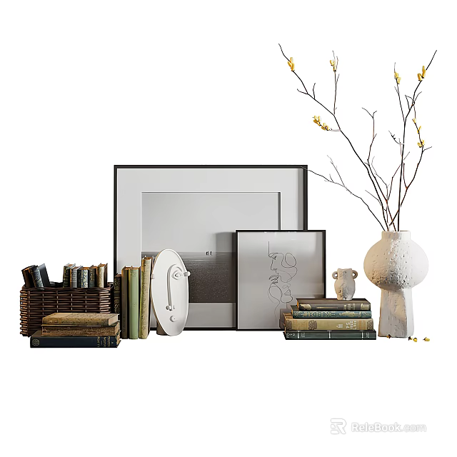 Elegant Decorative Ornament Set with Picture Frames Stacked Books and Ceramic Vase for Home 3d model 