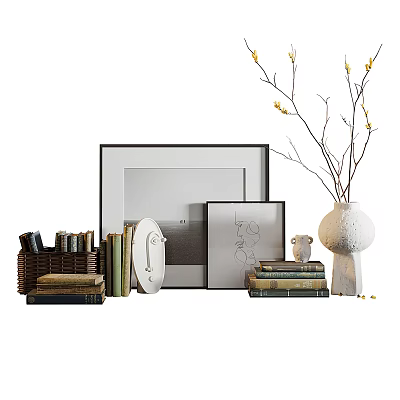 Elegant Decorative Ornament Set with Picture Frames Stacked Books and Ceramic Vase for Home 3d model