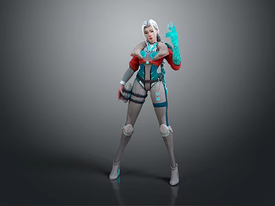 Futuristic Game Movie Character With Silver White Hair And Blue Red Gray Mechanical Outfit 3d model