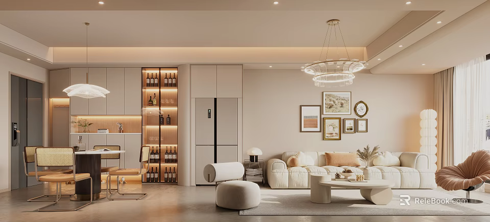 Modern Living and Dining Room Interior Design With Sofa Coffee Table Chandelier And Wine Cabinet 3d model 