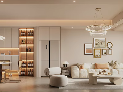 Modern Living and Dining Room Interior Design With Sofa Coffee Table Chandelier And Wine Cabinet 3d model