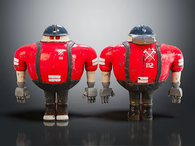 Toy Dolls Wearing Red Shirts Blue Helmets With 112 Logo Black Suspenders Back to Back 3d model