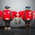 Toy Dolls Wearing Red Shirts Blue Helmets With 112 Logo Black Suspenders Back to Back