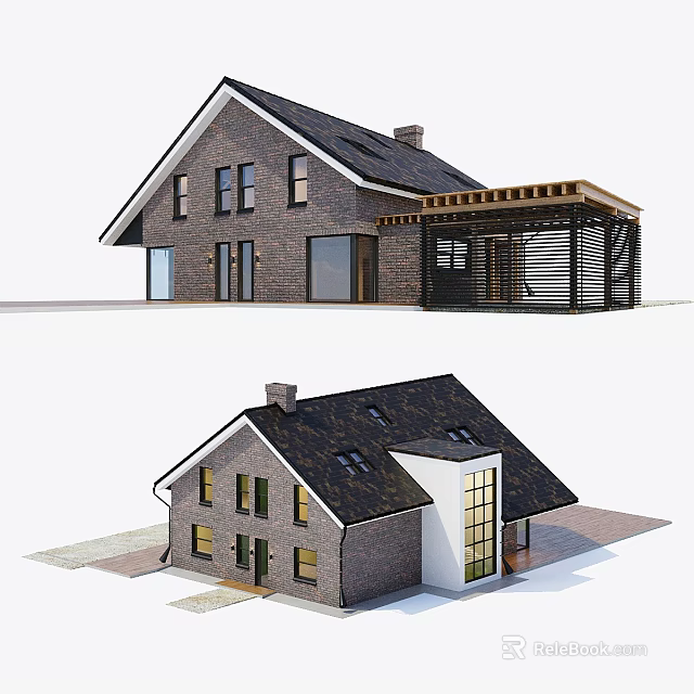 Modern Industrial Workshop Exterior With Gray Brick Walls Black Roof Large Windows And Wooden Structure 3d model 