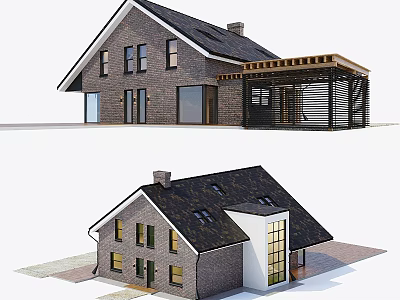 Modern Industrial Workshop Exterior With Gray Brick Walls Black Roof Large Windows And Wooden Structure 3d model