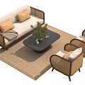 Rattan Sofa Coffee Table Set With Accent Chairs And Decorative Plants 3d model