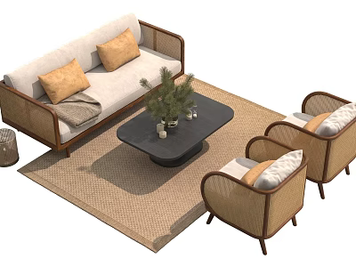 Rattan Sofa Coffee Table Set With Accent Chairs And Decorative Plants 3d model