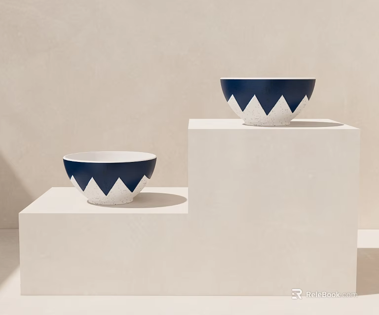 Navy Blue And White Tableware Set With Triangular Pattern Bowls Displayed On White Pedestals 3d model