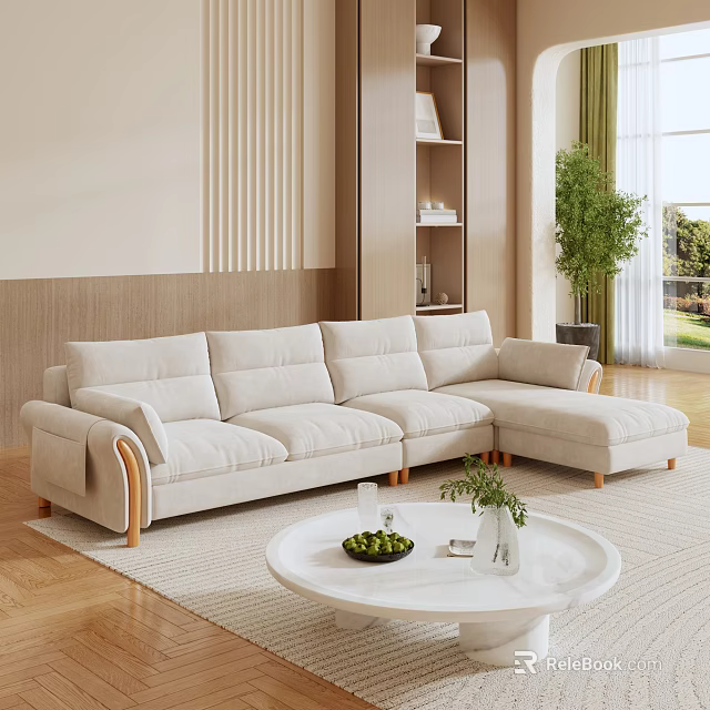 Modern Light Colored Sectional Sofa with Wooden Legs in Cozy Living Room 3d model 