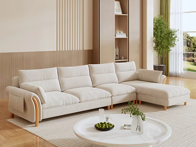 Modern Light Colored Sectional Sofa with Wooden Legs in Cozy Living Room 3d model